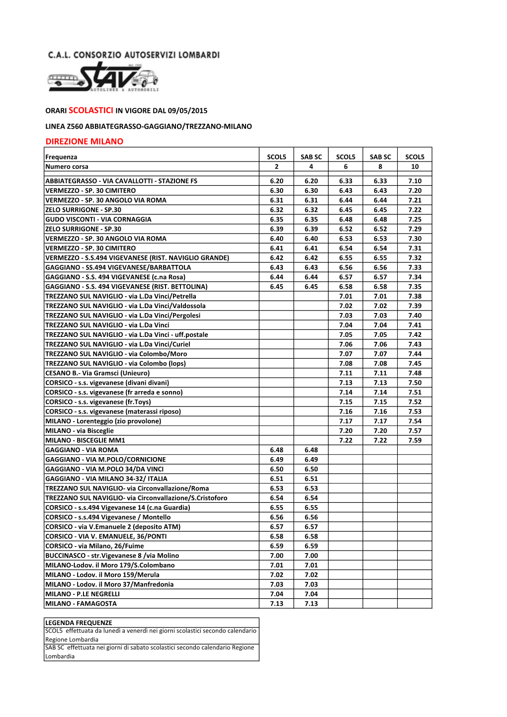 DIREZIONE MILANO Frequenza SCOL5 SAB SC SCOL5 SAB SC SCOL5 Numero Corsa 2 4 6 8 10 ABBIATEGRASSO - VIA CAVALLOTTI - STAZIONE FS 6.20 6.20 6.33 6.33 7.10 VERMEZZO - SP