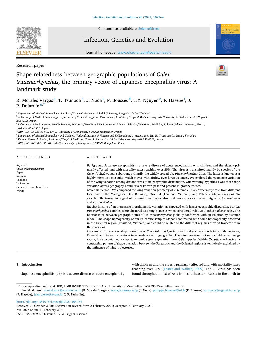 Shape Relatedness Between Geographic Populations of Culex Tritaeniorhynchus, the Primary Vector of Japanese Encephalitis Virus: a Landmark Study