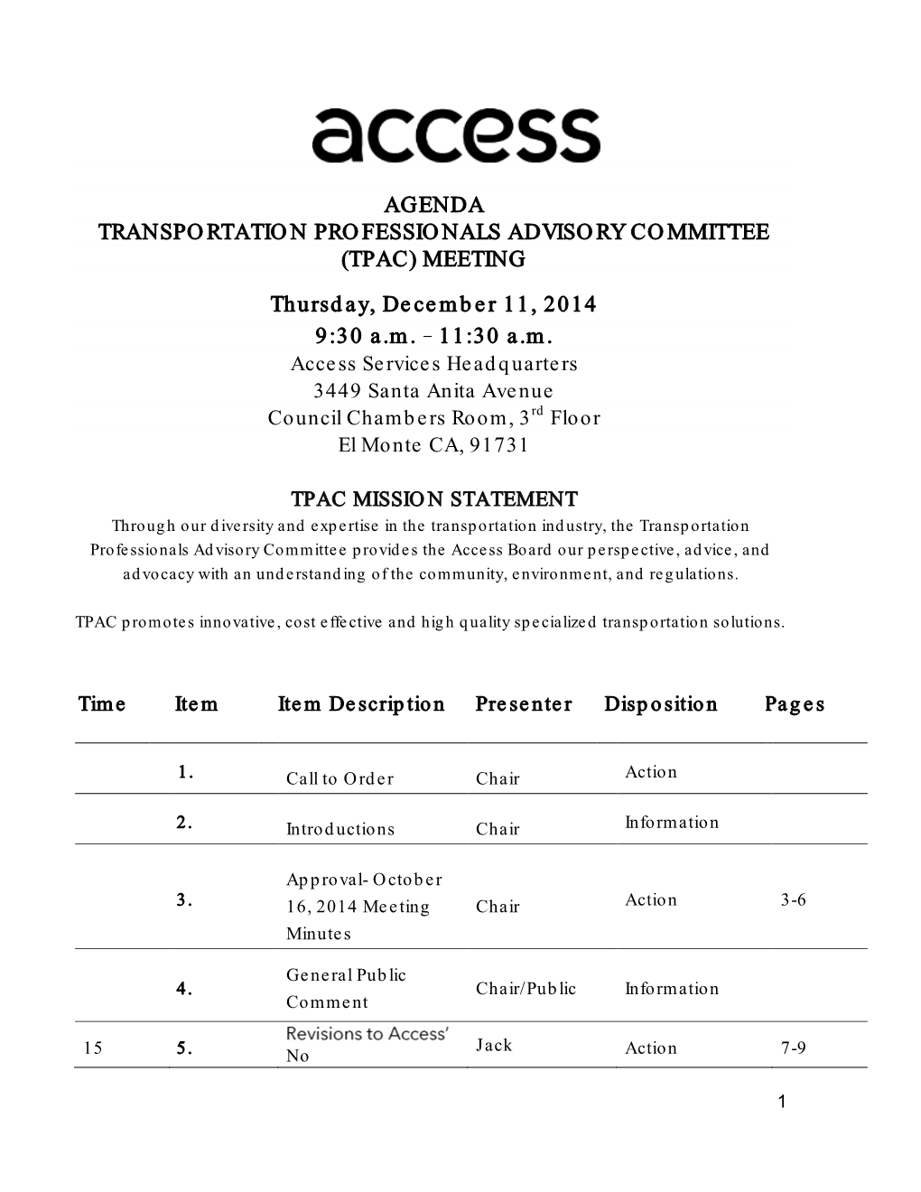 AGENDA TRANSPORTATION PROFESSIONALS ADVISORY COMMITTEE (TPAC) MEETING Thursday, December 11, 2014 9:30 A.M. 11:30 A.M
