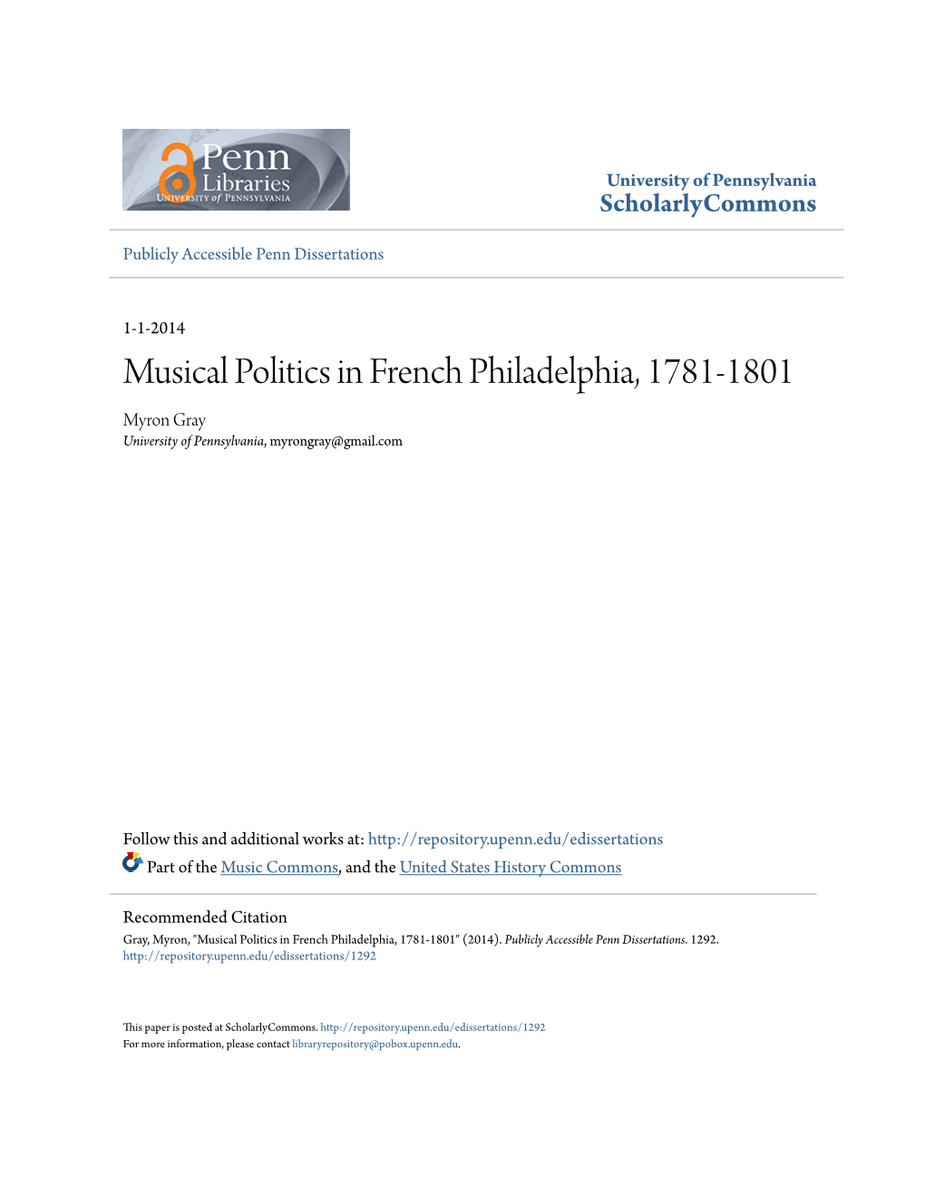 Musical Politics in French Philadelphia, 1781-1801 Myron Gray University of Pennsylvania, Myrongray@Gmail.Com