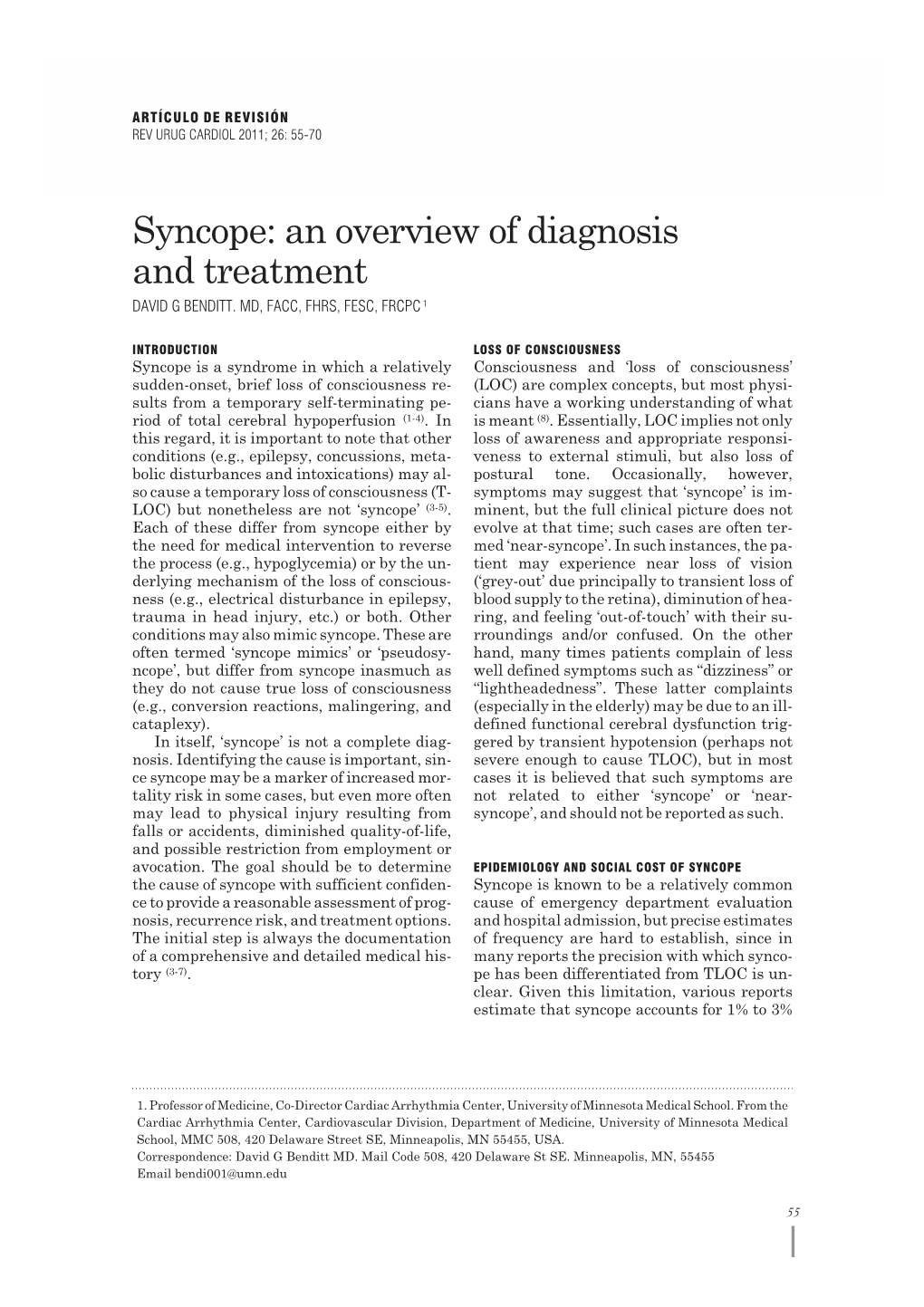 Syncope: an Overview of Diagnosis and Treatment DAVID G BENDITT