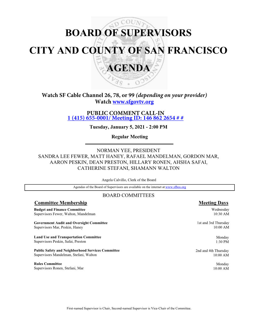 Board of Supervisors City and County of San Francisco Agenda