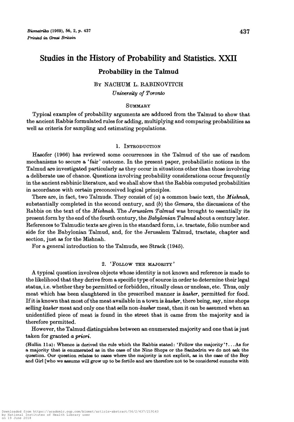 Studies in the History of Probability and Statistics. XXH Probability in the Talmud