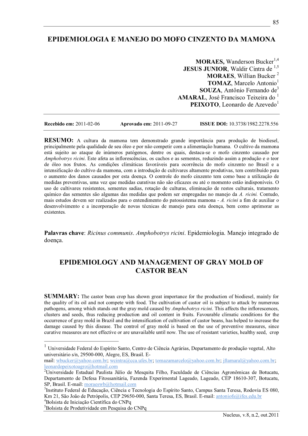 Epidemiologia E Manejo Do Mofo Cinzento Da Mamona