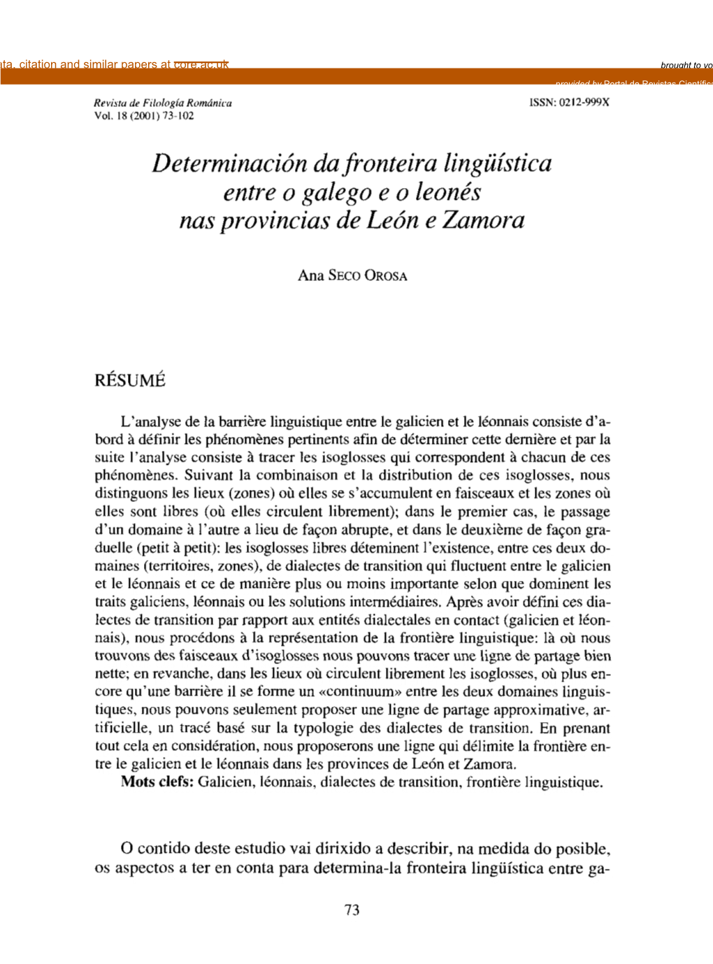 Determinación Da Fronteira Lingílística Entre O Galego E O Leonés Nas Provincias De León E Zamora