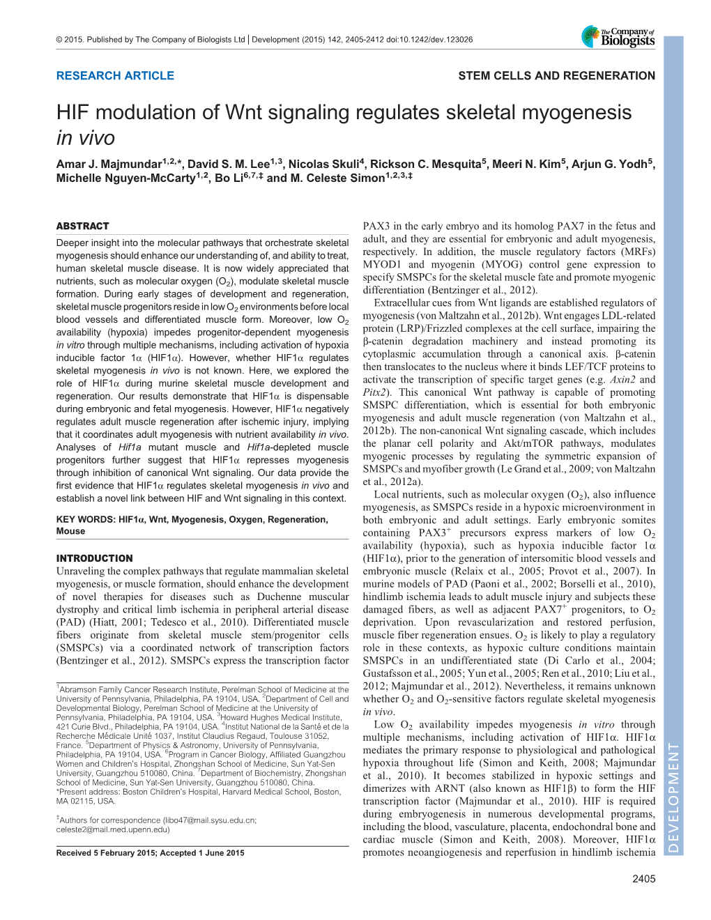 HIF Modulation of Wnt Signaling Regulates Skeletal Myogenesis in Vivo Amar J