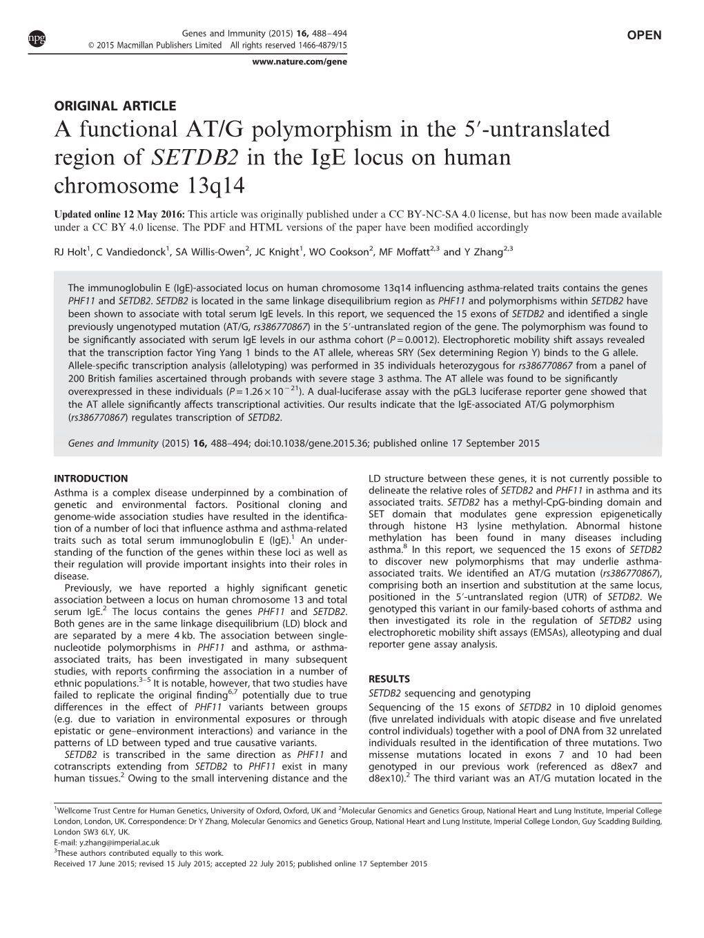 Untranslated Region of SETDB2 in the Ige Locus on Human Chromosome 13Q14