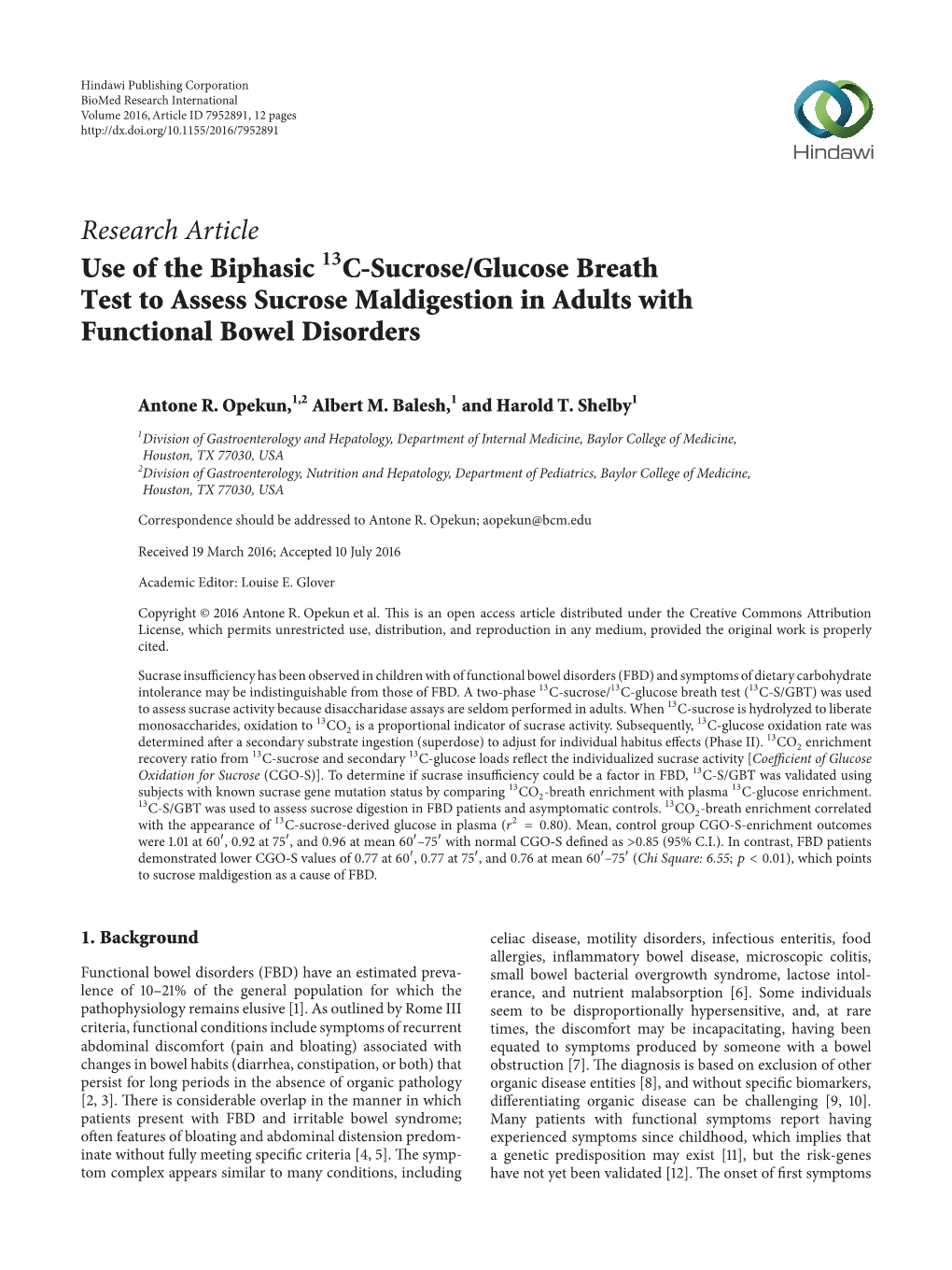 C-Sucrose/Glucose Breath Test to Assess Sucrose Maldigestion in Adults with Functional Bowel Disorders