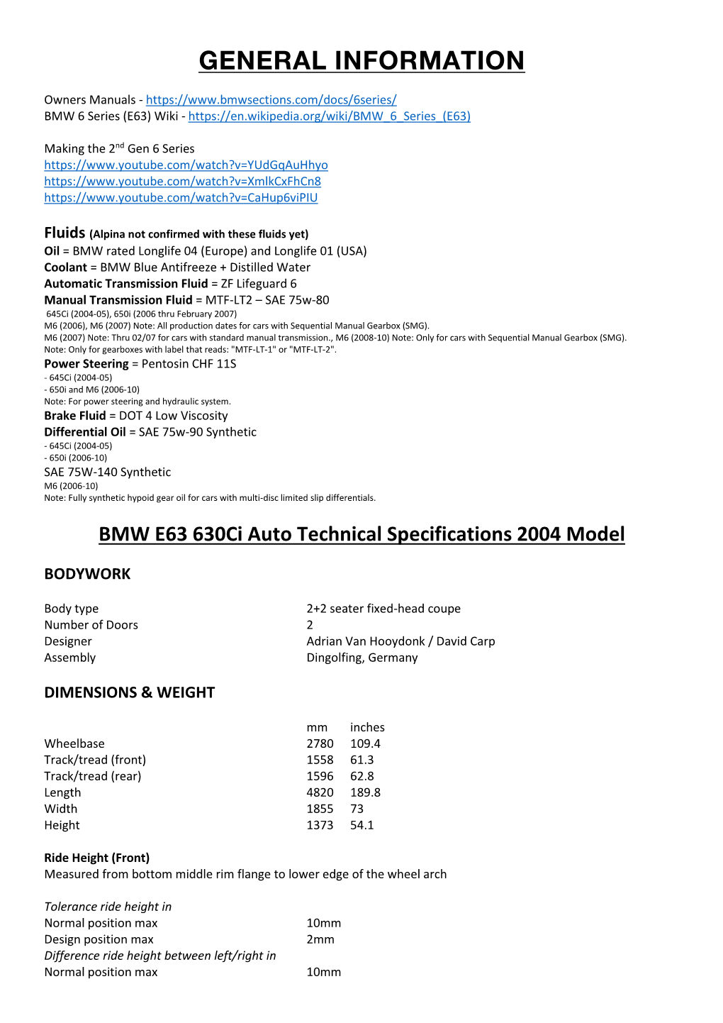 BMW E63 630I-645Ci-650I-Alpina Technical