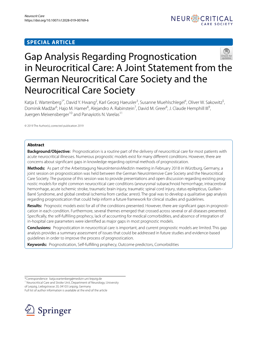 Gap Analysis Regarding Prognostication in Neurocritical Care: a Joint Statement from the German Neurocritical Care Society and the Neurocritical Care Society Katja E