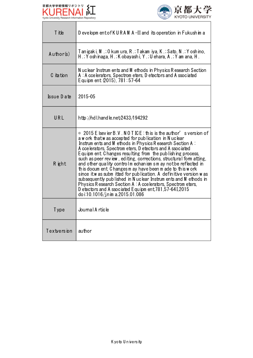 Title Development of KURAMA-II and Its Operation in Fukushima Author(S)