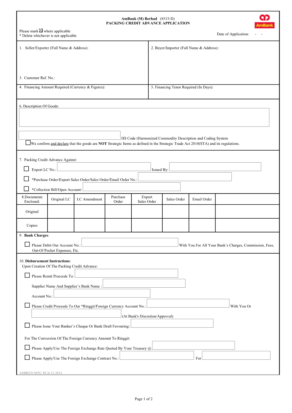 PACKING CREDIT ADVANCE APPLICATION TERMS and CONDITIONS (Document Ref: AMBIZ/E/PCA/05-2011)