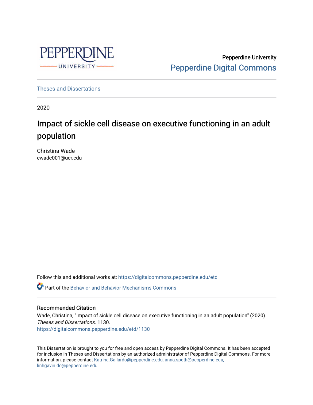 Impact of Sickle Cell Disease on Executive Functioning in an Adult Population