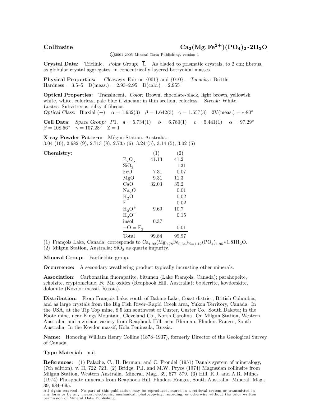 Collinsite Ca2(Mg, Fe )(PO4)2 • 2H2O C 2001-2005 Mineral Data Publishing, Version 1 Crystal Data: Triclinic