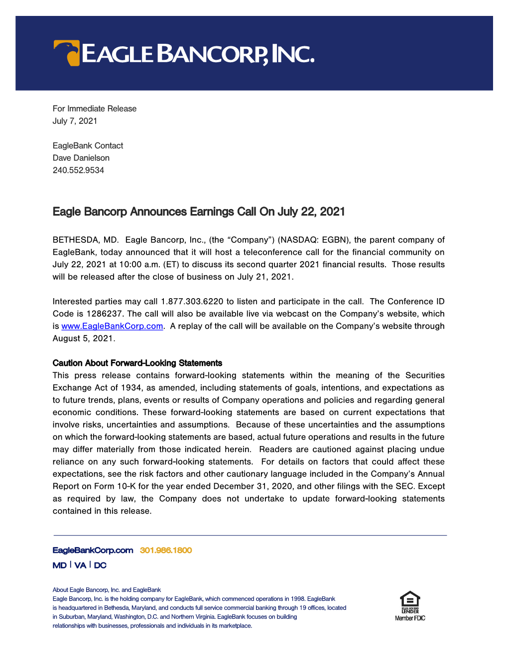 Eagle Bancorp Announces Earnings Call on July 22, 2021