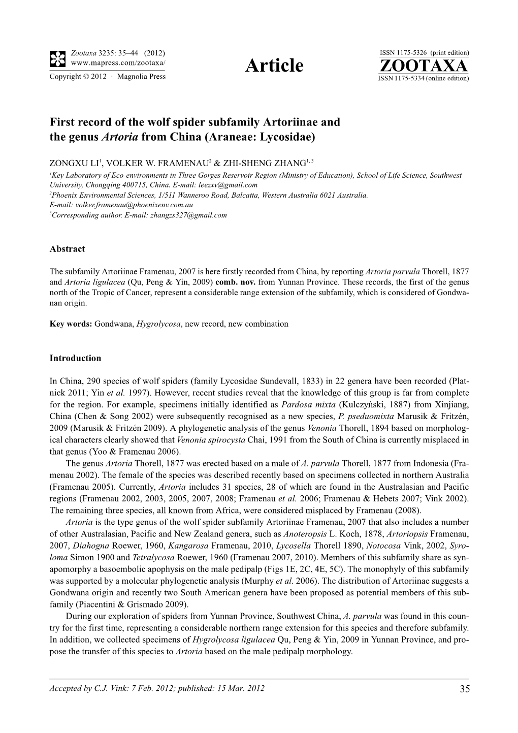 First Record of the Wolf Spider Subfamily Artoriinae and the Genus Artoria from China (Araneae: Lycosidae)