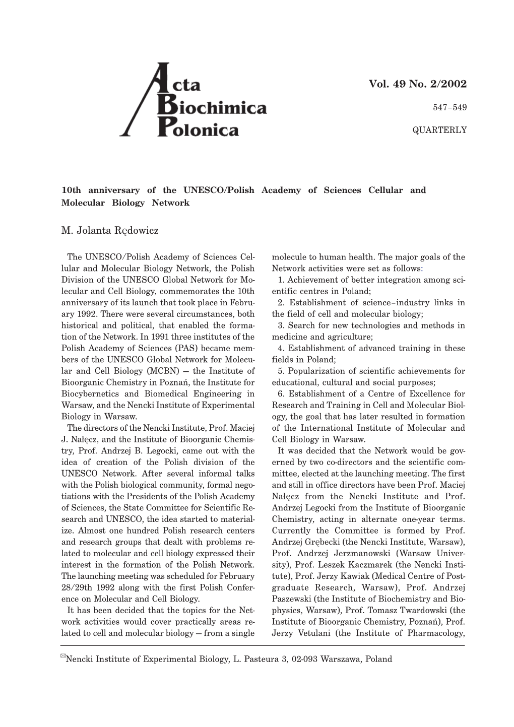 M. Jolanta Rędowicz Vol. 49 No. 2/2002