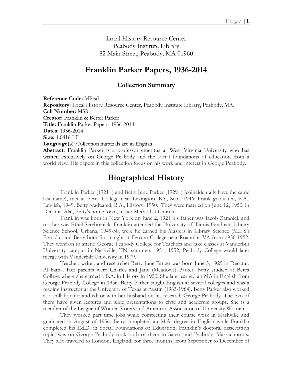 Franklin Parker Papers, 1936-2014