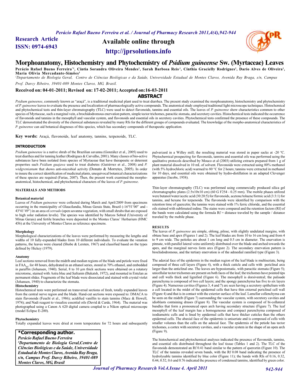 Morphoanatomy, Histochemistry and Phytochemistry of Psidium Guineense Sw