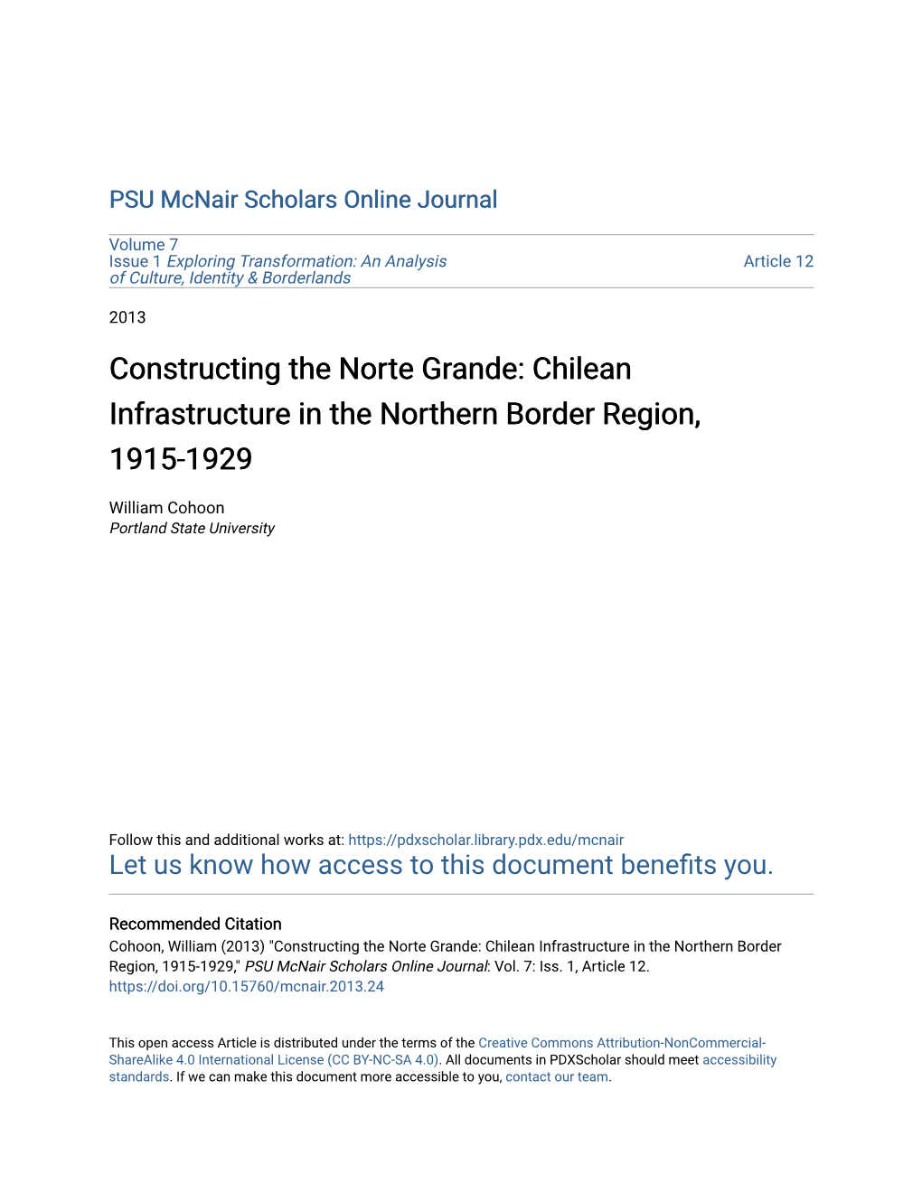 Constructing the Norte Grande: Chilean Infrastructure in the Northern Border Region, 1915-1929