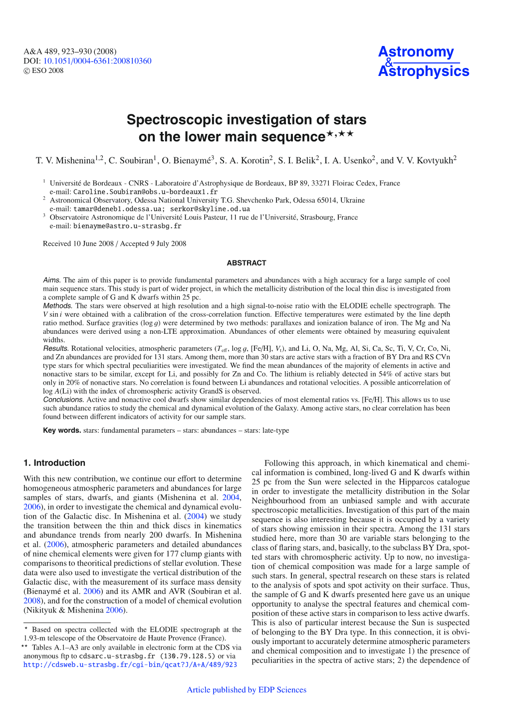 Spectroscopic Investigation of Stars on the Lower Main Sequence�,