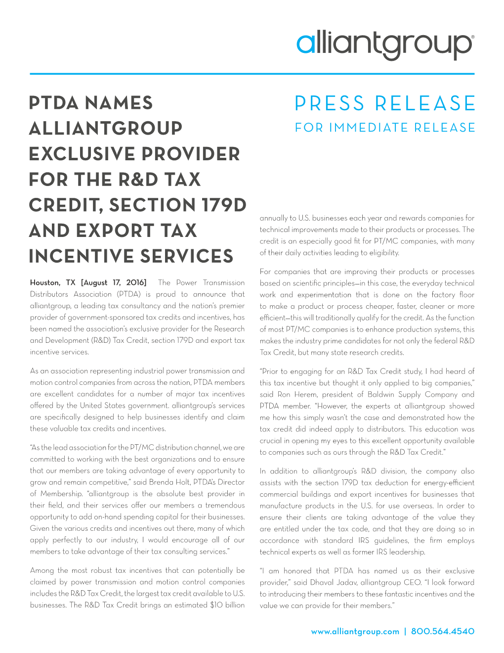 PTDA NAMES ALLIANTGROUP EXCLUSIVE PROVIDER for the R&D TAX CREDIT, SECTION 179D Annually to U.S