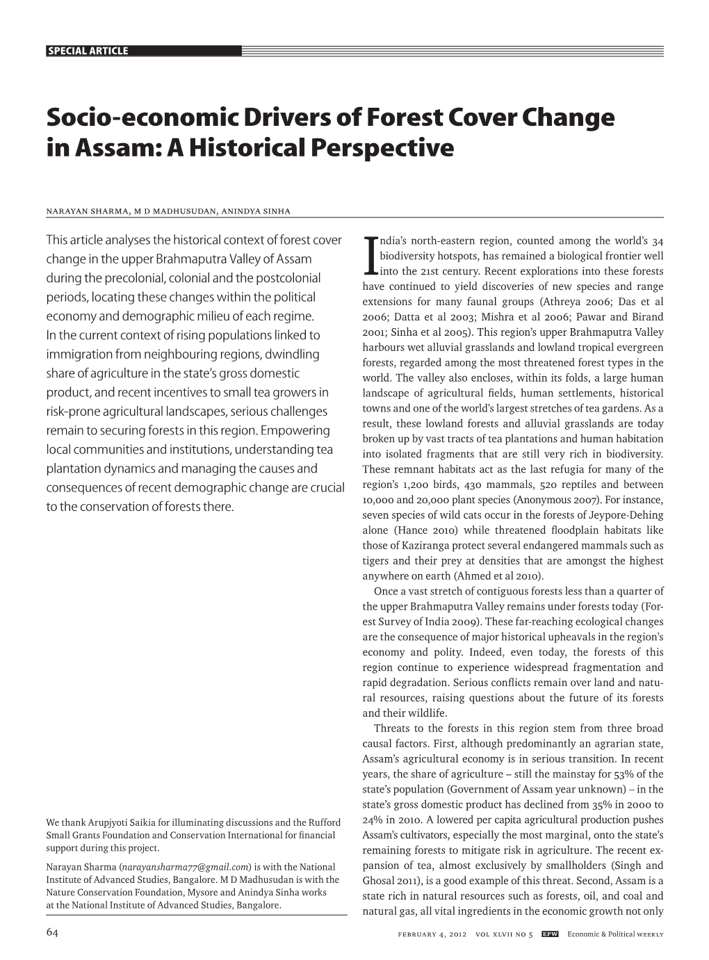 Socio-Economic Drivers of Forest Cover Change in Assam: a Historical Perspective