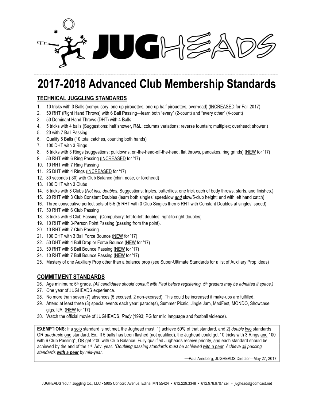 2017-2018 Advanced Club Membership Standards TECHNICAL JUGGLING STANDARDS 1