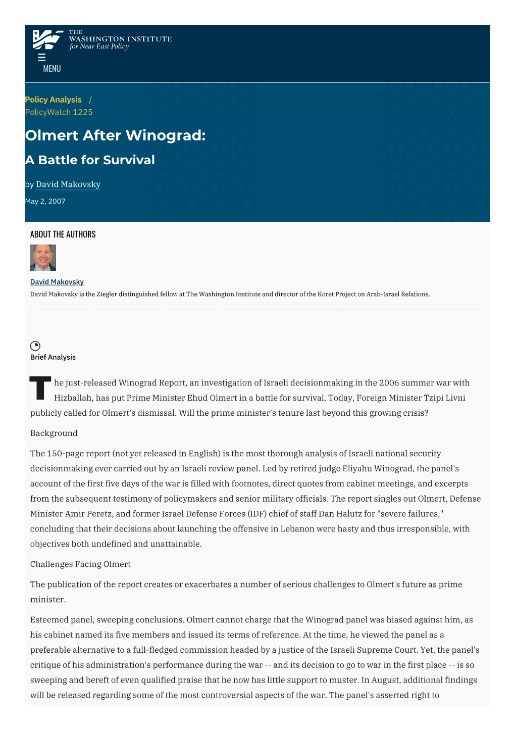 Olmert After Winograd: a Battle for Survival | the Washington Institute