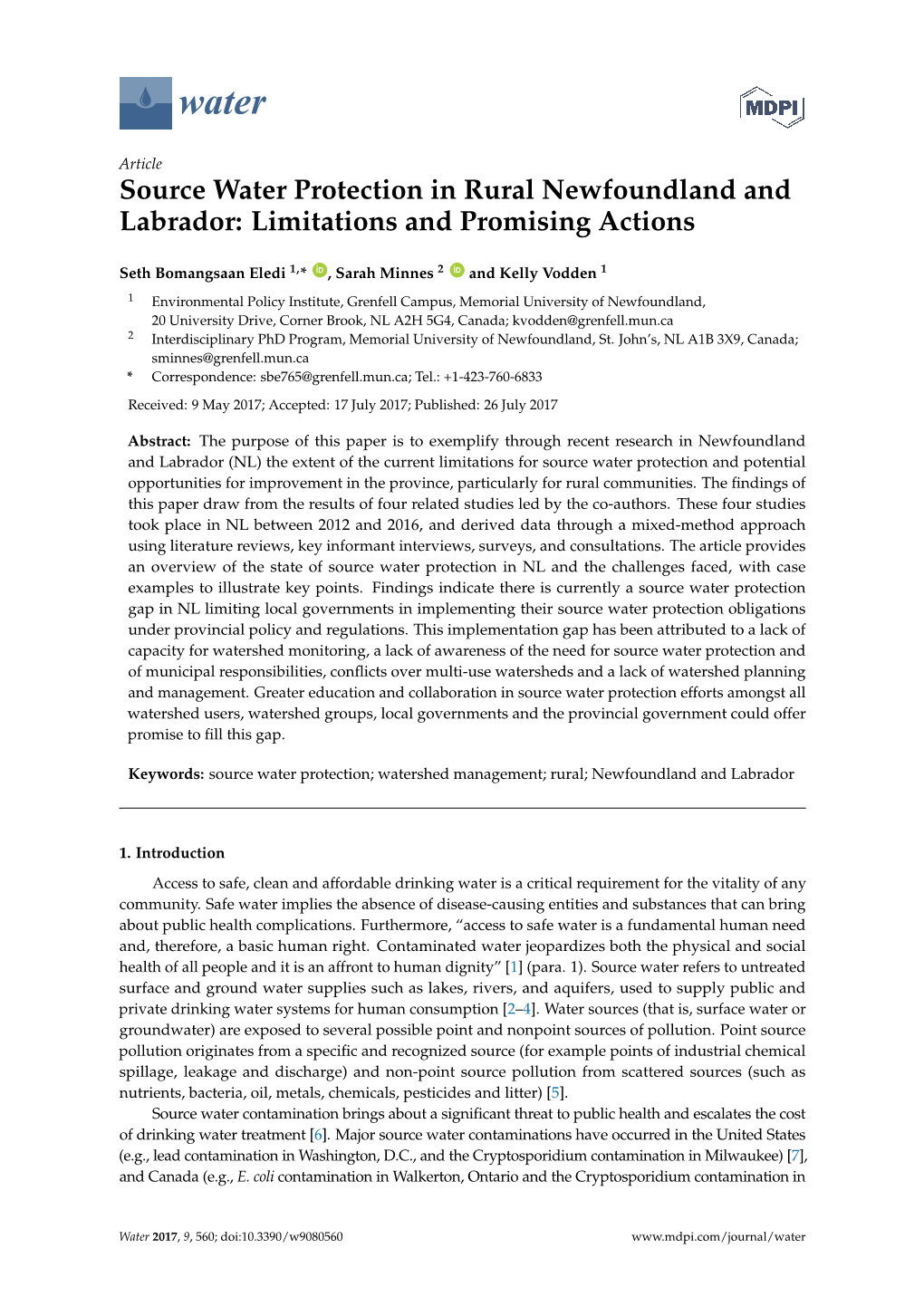 Source Water Protection in Rural Newfoundland and Labrador: Limitations and Promising Actions