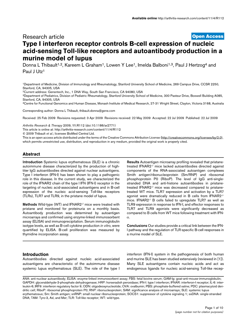 Type I Interferon Receptor Controls B-Cell Expression of Nucleic Acid