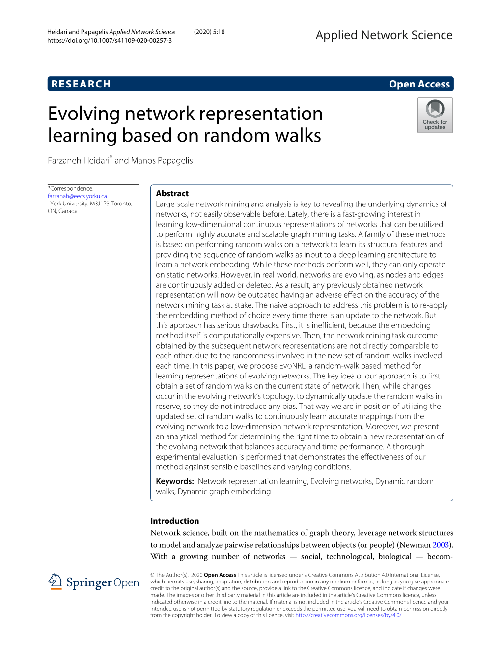 Evolving Network Representation Learning Based on Random Walks