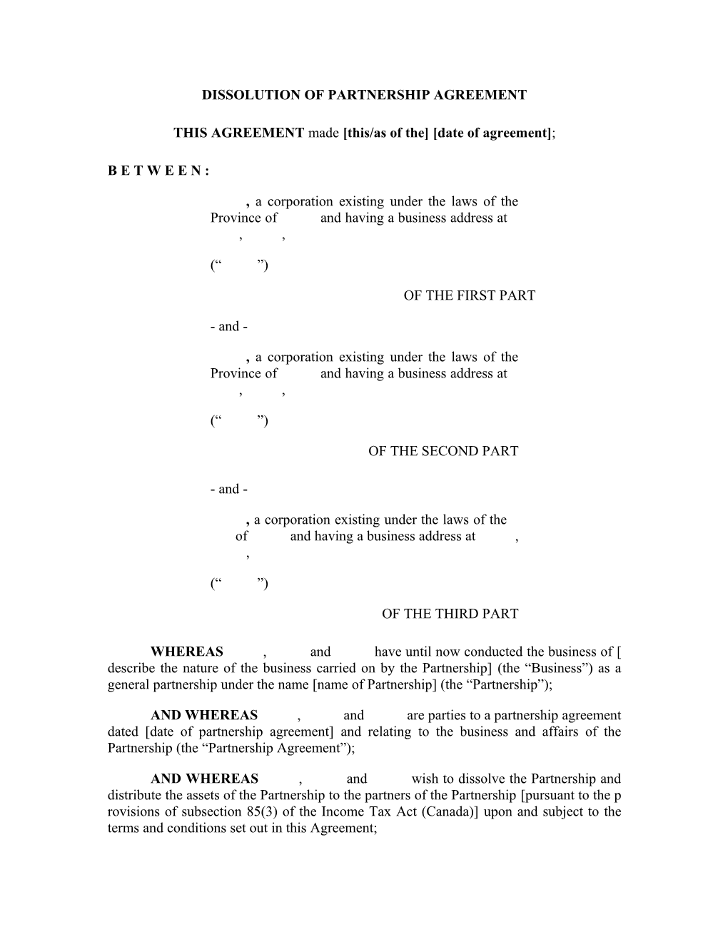 Dissolution Of Partnership Agreement