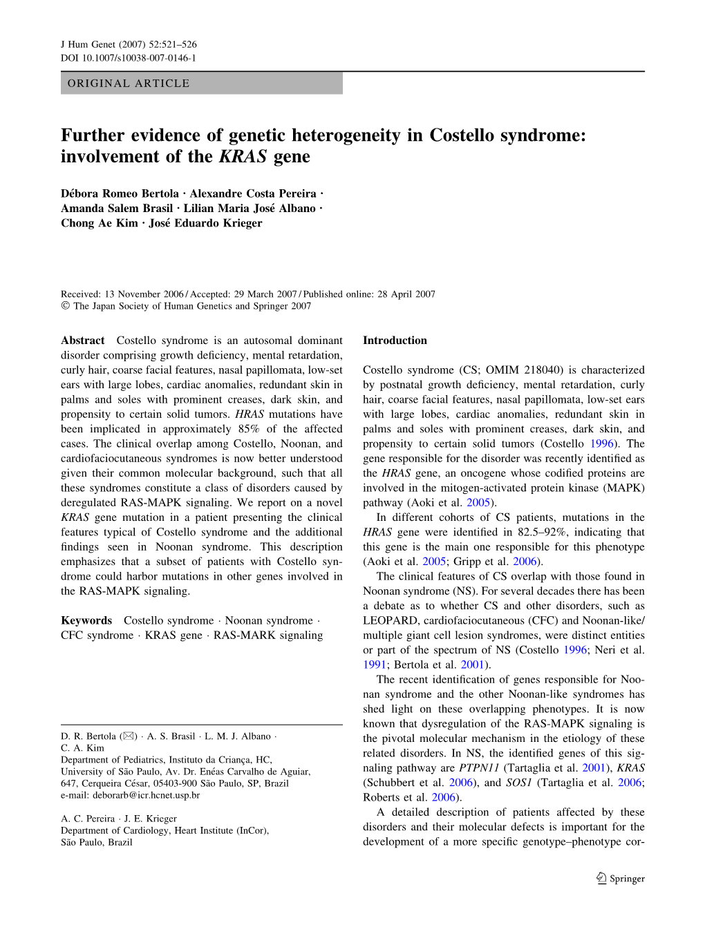 Further Evidence of Genetic Heterogeneity in Costello Syndrome: Involvement of the KRAS Gene