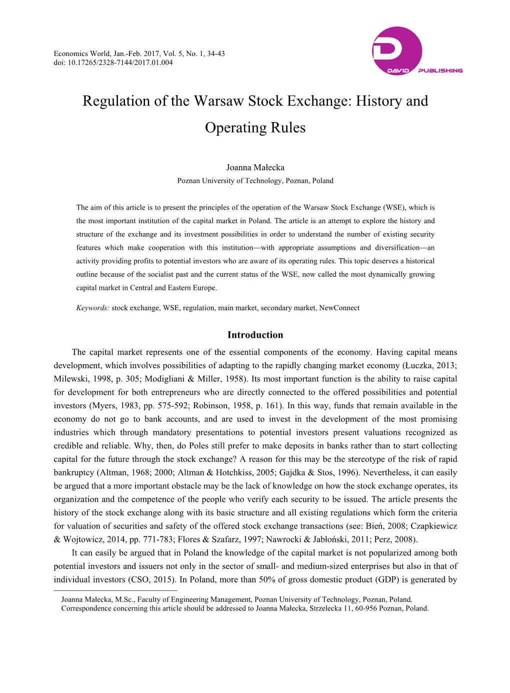 Regulation of the Warsaw Stock Exchange: History and Operating Rules