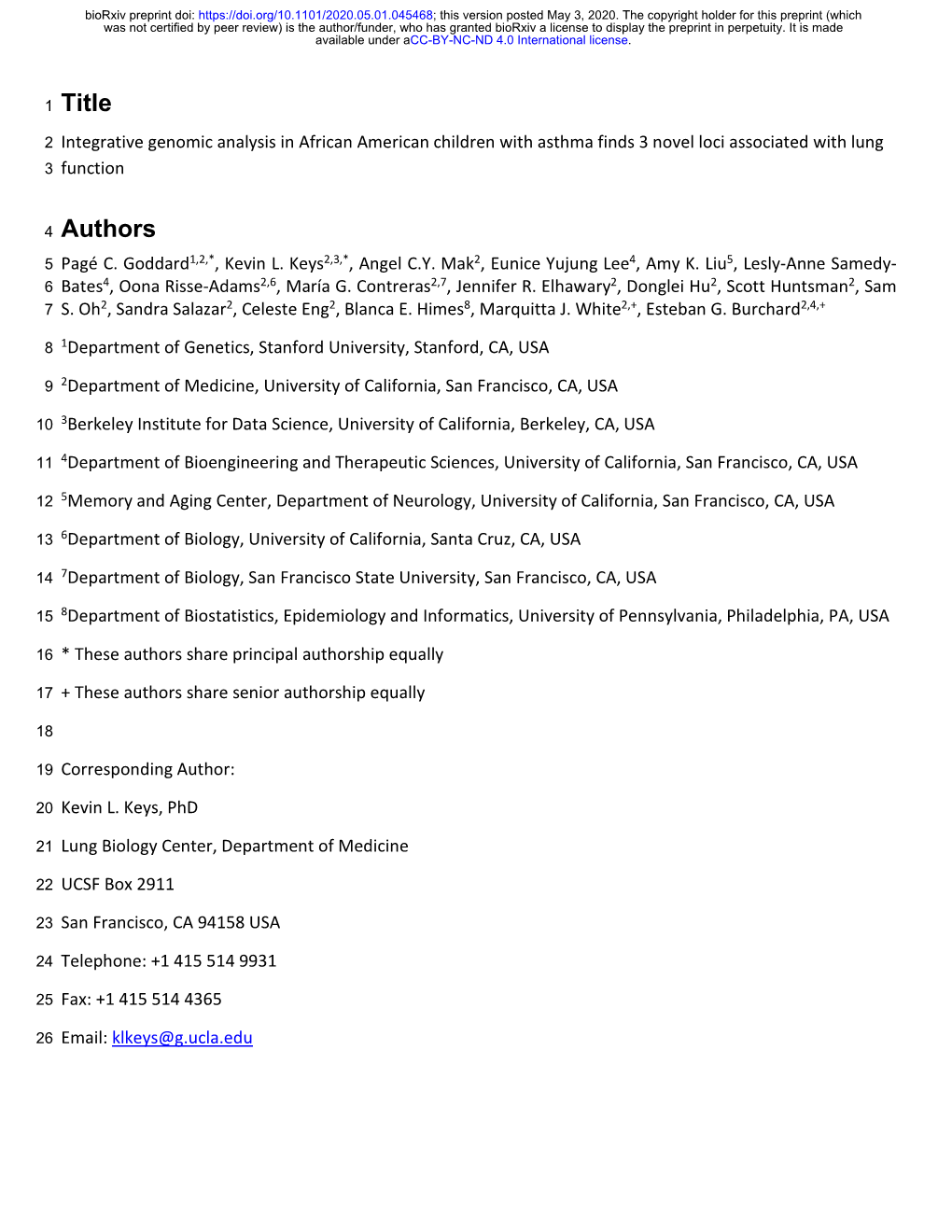 Integrative Genomic Analysis in African American Children with Asthma Finds 3 Novel Loci Associated with Lung 3 Function