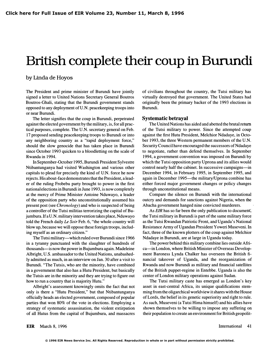 British Complete Their Coup in Burundi