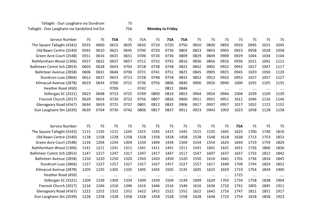 75 75A Monday to Friday Service Number 75 75 75A