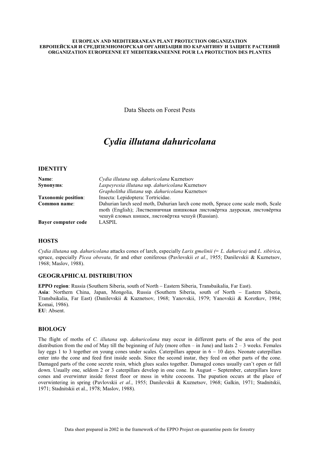 Data Sheet on Cydia Illutana Dahuricolana