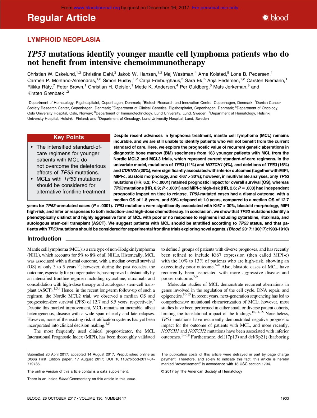 TP53 Mutations Identify Younger Mantle Cell Lymphoma Patients Who Do Not Beneﬁt from Intensive Chemoimmunotherapy