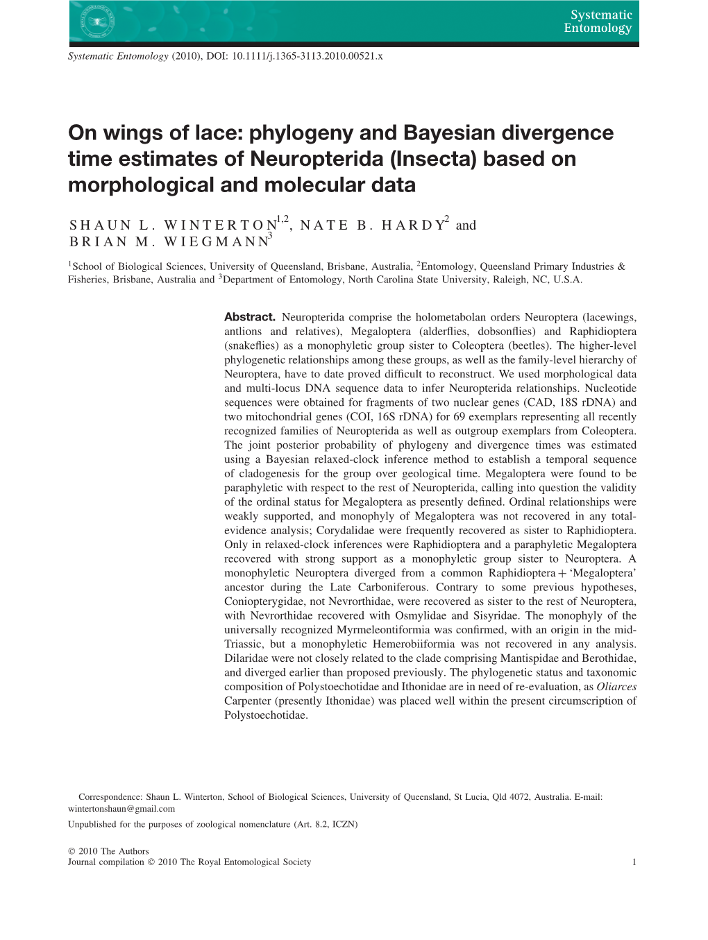 Phylogeny and Bayesian Divergence Time Estimates of Neuropterida (Insecta) Based on Morphological and Molecular Data