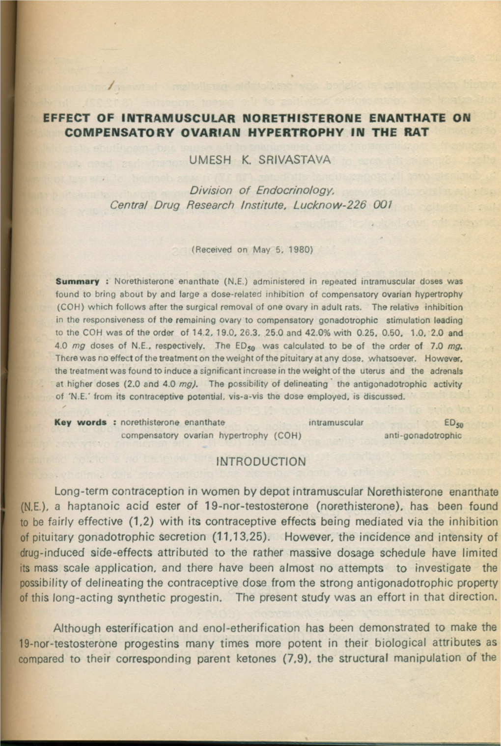 Effect of Intramuscular Norethisterone Enanthate on Compensatory Ovarian Hypertrophy in the Rat