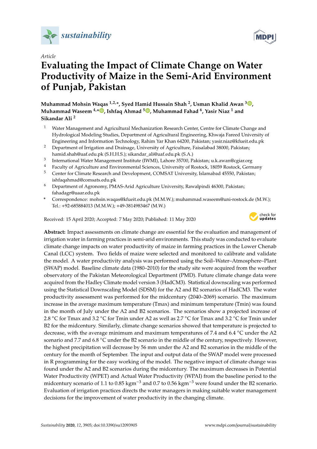 Evaluating the Impact of Climate Change on Water Productivity of Maize in the Semi-Arid Environment of Punjab, Pakistan