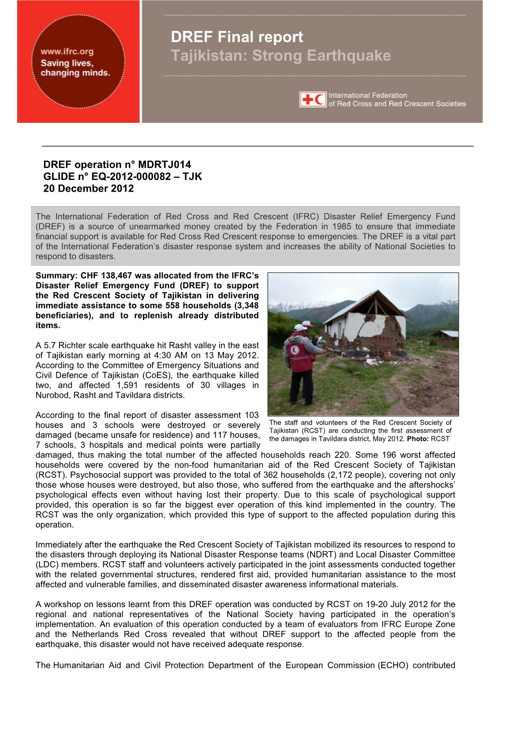 DREF Final Report Tajikistan: Strong Earthquake