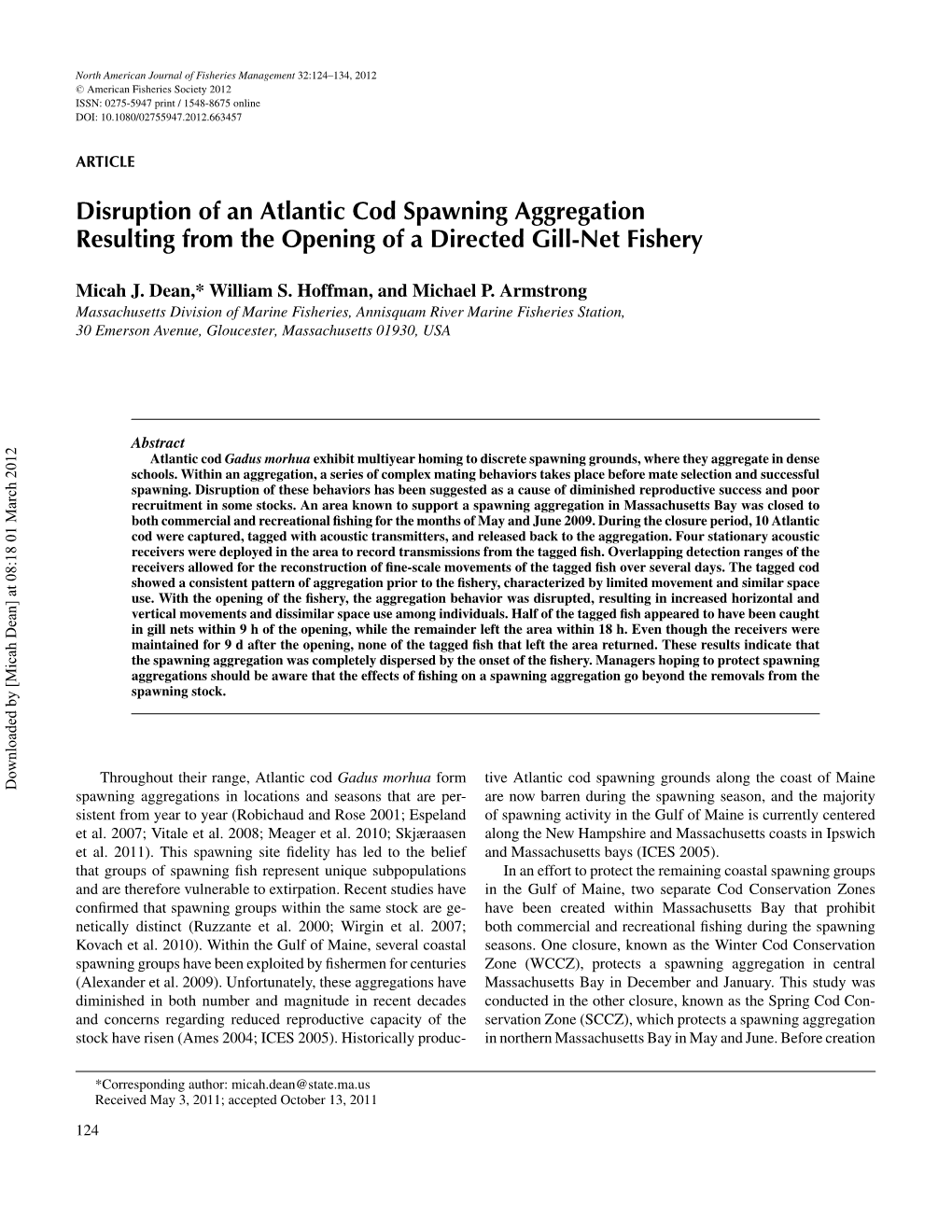 Disruption of an Atlantic Cod Spawning Aggregation Resulting from the Opening of a Directed Gill-Net Fishery