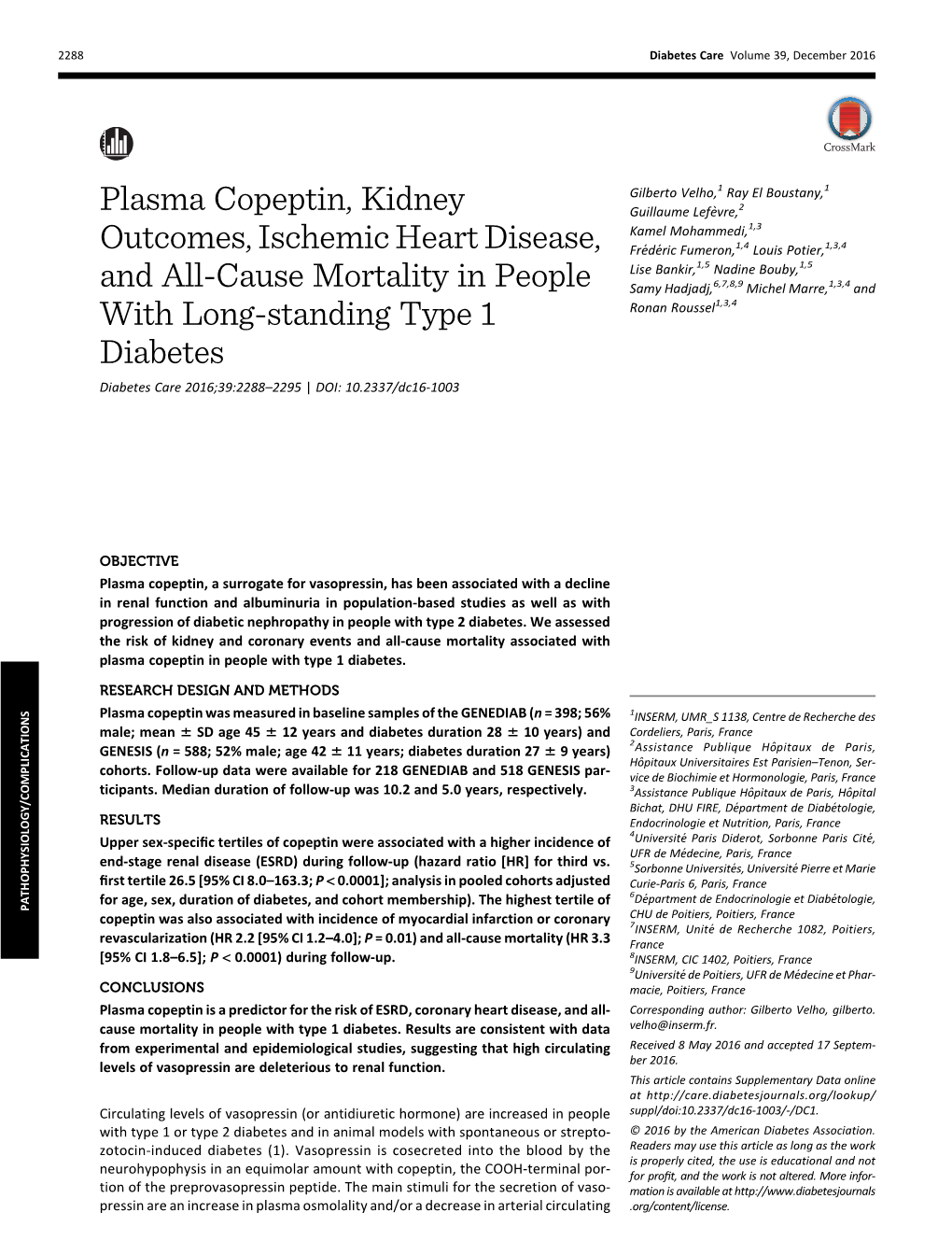 Plasma Copeptin, Kidney Outcomes, Ischemic Heart Disease, and All