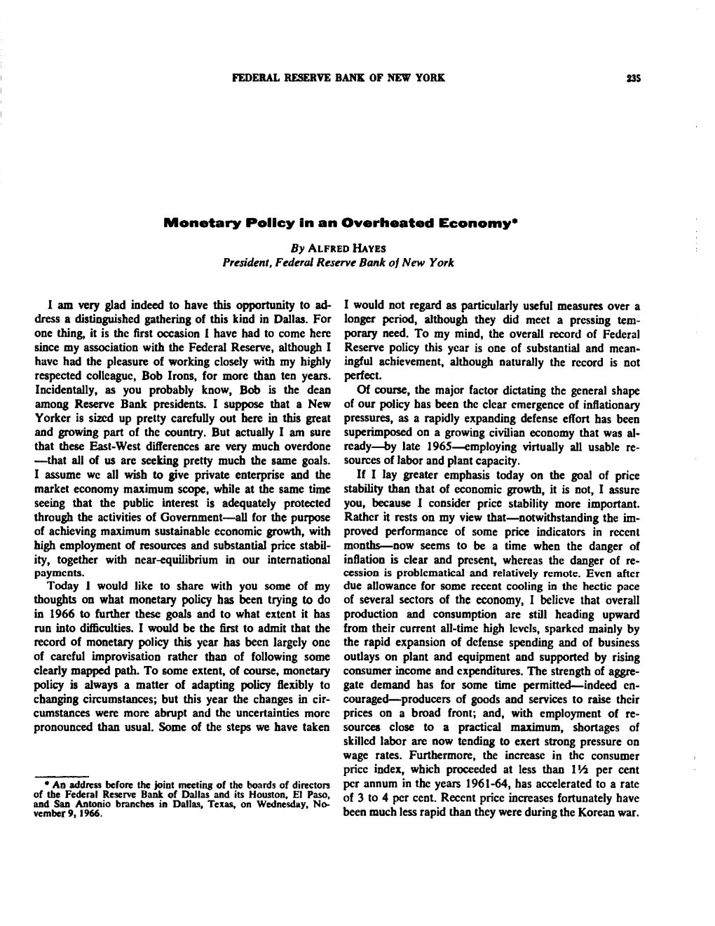 Monetary Policy in an Overheated Economy, November 1966