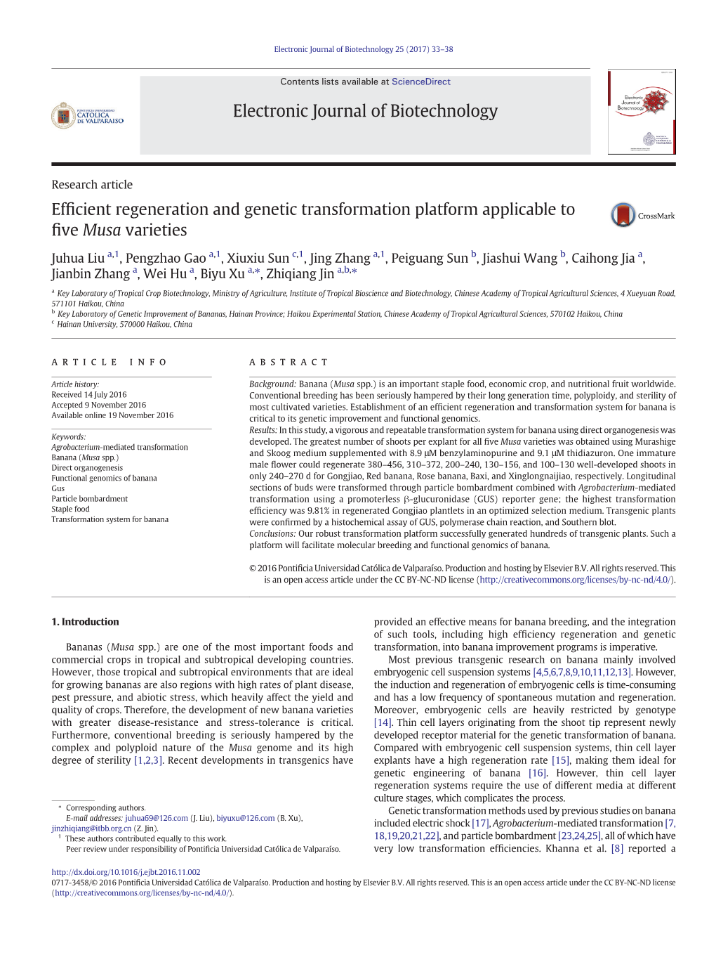 Electronic Journal of Biotechnology 25 (2017) 33–38