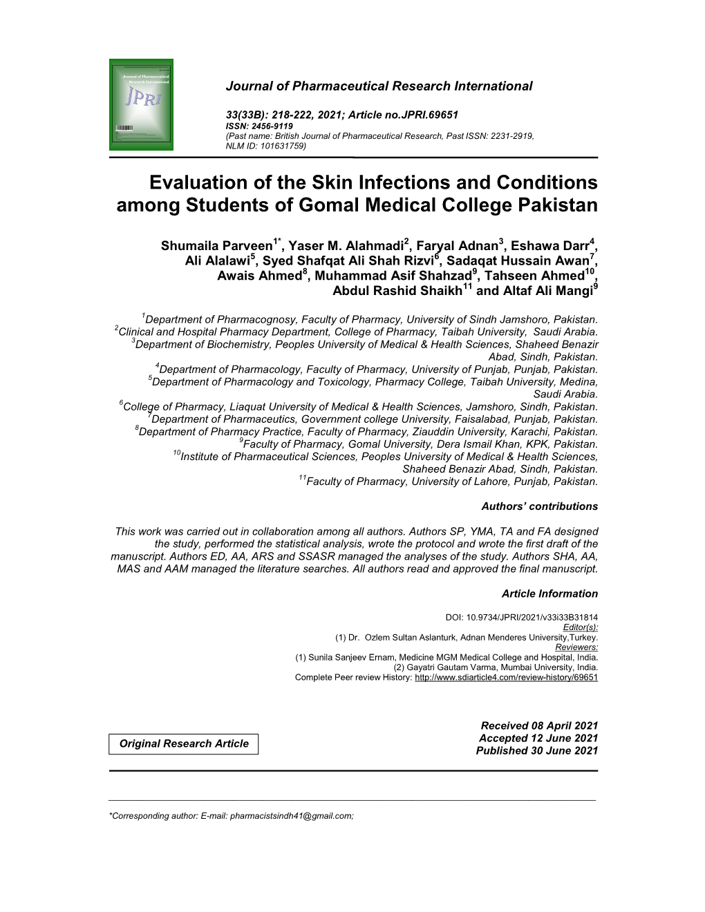 Evaluation of the Skin Infections and Conditions Among Students of Gomal Medical College Pakistan