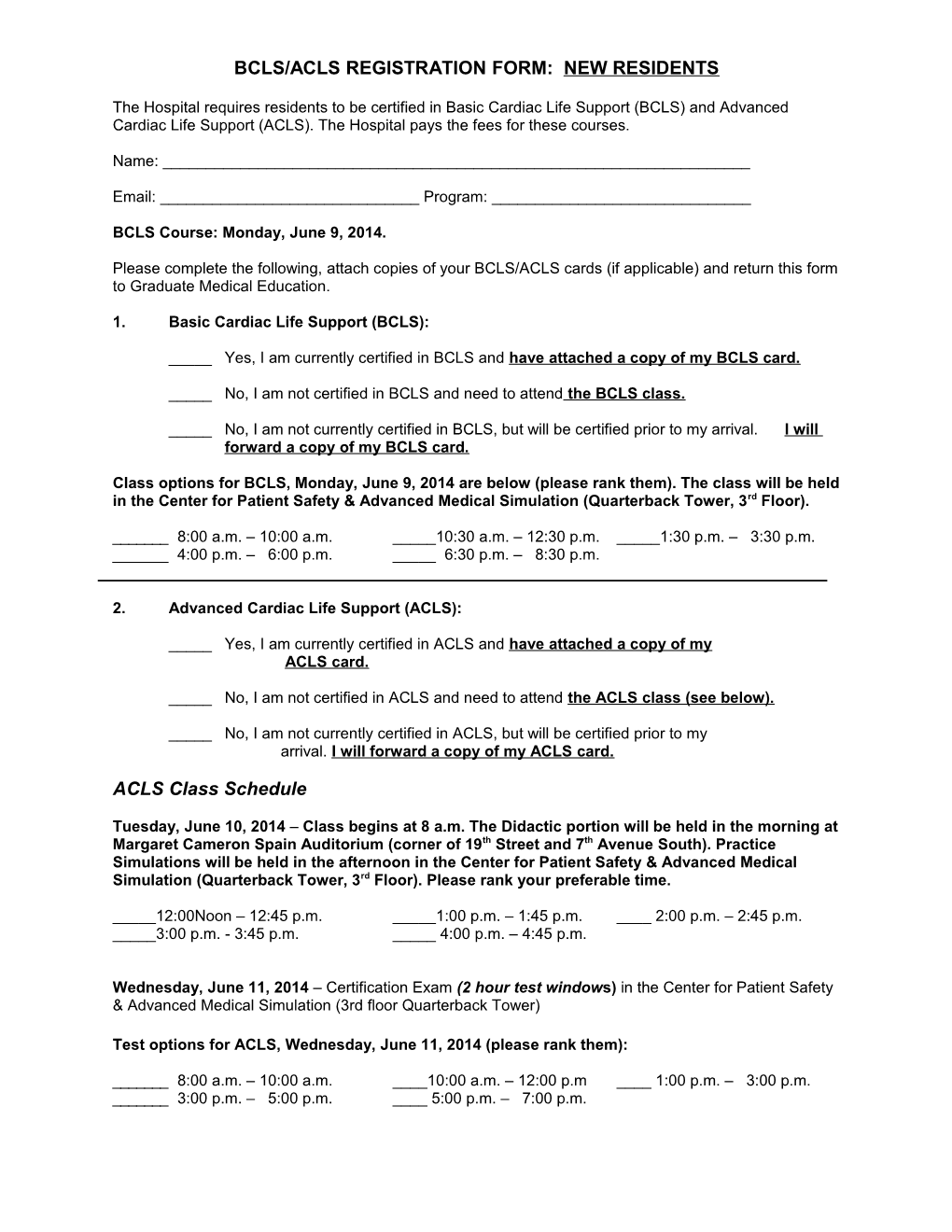 Bcls/Acls Registration Form: New Residents